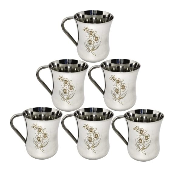 Pack of 6 Stainless Steel Tea/Coffee Cup Set of 6 (Laser Finished,150 ML, Damru Shape)