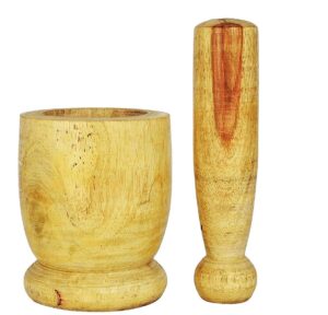 Wooden Mortar And Pestle (Okhali And Musal) (Yellow,Big Size - 9 X 9 X 12 Cm) For Kitchen