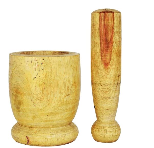 Wooden Mortar And Pestle (Okhali And Musal) (Yellow,Big Size - 9 X 9 X 12 Cm) For Kitchen